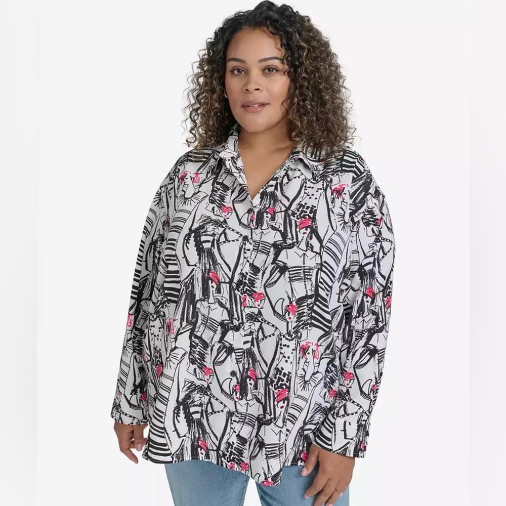NWT Karl Lagerfeld Paris Sketch Print Oversized Blouse in Black, White, and Pink